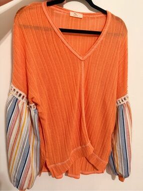 Hummingbird Orange Knit V-Neck Top with Striped Balloon Sleeves